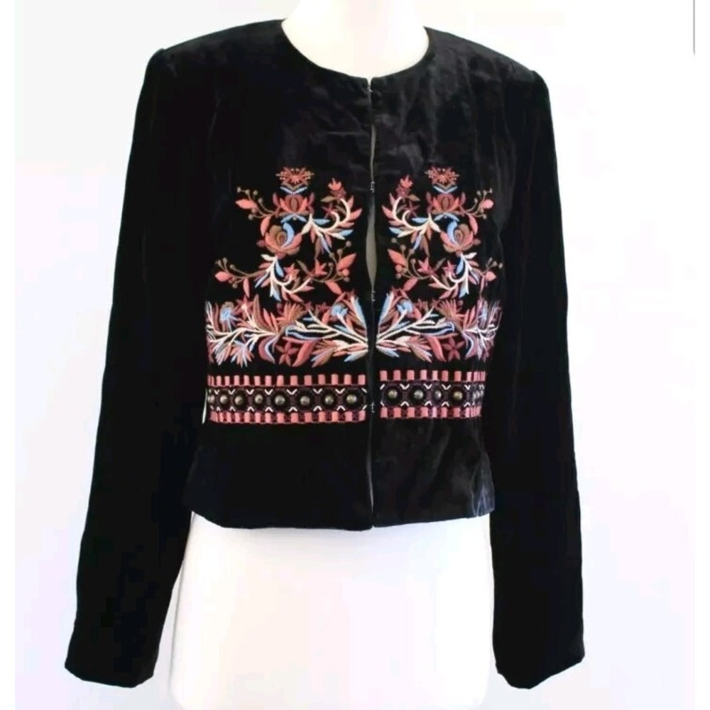 Boston Proper Womens Velvet Blazer Size 16 Black Embroidered Boho Jacket NEW NWT
